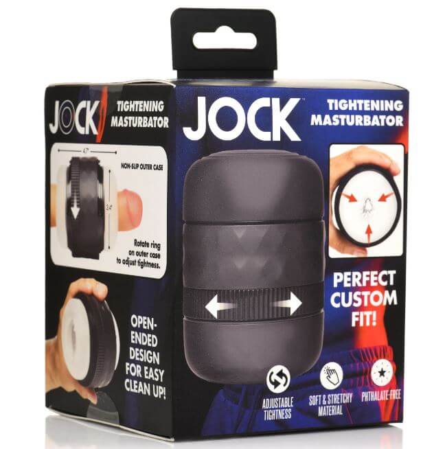 JOCK Tightening Masturbator packaging showcasing adjustable fit and textured nubs for customized pleasure.