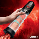 Jock Power Up Digital Automatic Waterproof Penis Pump Black being held with glowing effects in background.