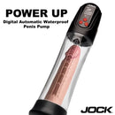 Jock Power Up Digital Automatic Waterproof Penis Pump Black with transparent casing and control buttons.
