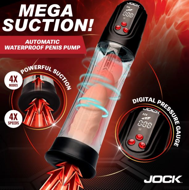 Jock Power Up Digital Automatic Waterproof Penis Pump Black with digital pressure gauge and powerful suction features.