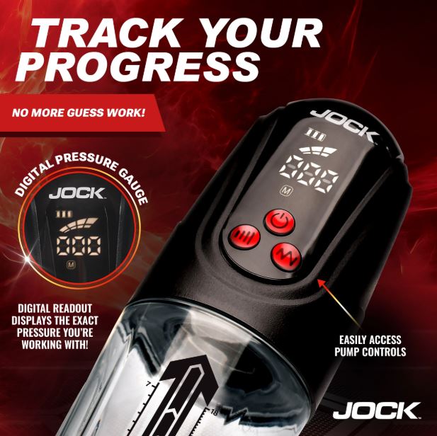 Jock Power Up Digital Automatic Waterproof Penis Pump Black digital pressure gauge for tracking progress.