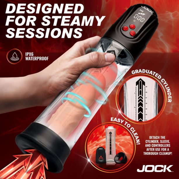 Jock Power Up Digital Automatic Waterproof Penis Pump Black with easy clean features and IPX6 waterproof design.