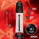 Jock Power Up Digital Automatic Waterproof Penis Pump Black with detailed dimensions and features in a red background.