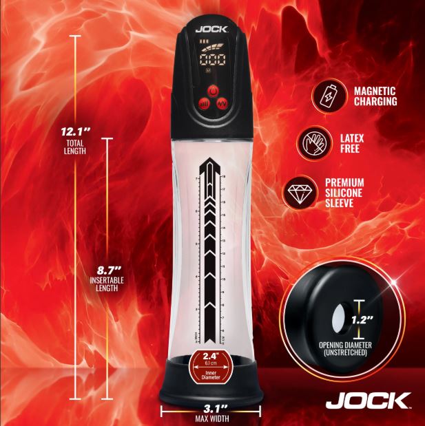 Jock Power Up Digital Automatic Waterproof Penis Pump Black with detailed dimensions and features in a red background.