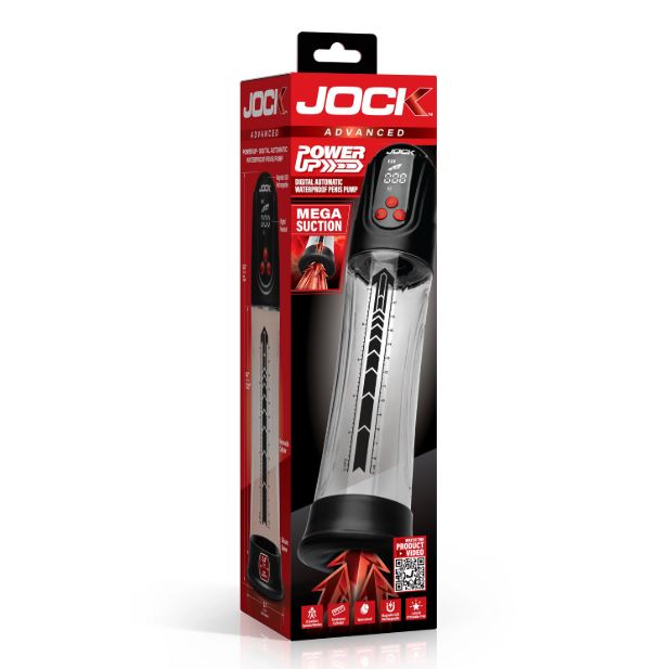 Jock Power Up Digital Automatic Waterproof Penis Pump Black with advanced suction technology in packaging.