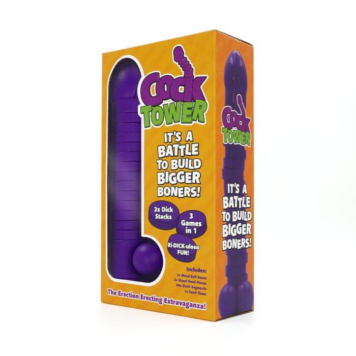 Box of PLAY WIV ME Cock Tower featuring the tagline "It's a Battle to Build Bigger Boners!"