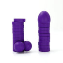 Purple pieces of the PLAY WIV ME Cock Tower penis-themed party game assembled in varying heights.