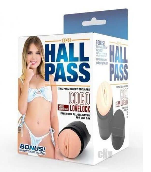 Hall Pass Coco Lovelock Stroker box packaging featuring nostalgic design and bonus content.