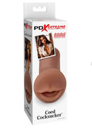 PDX Extreme Coed Cocksucker Brown in packaging featuring realistic mouth design for enhanced pleasure.