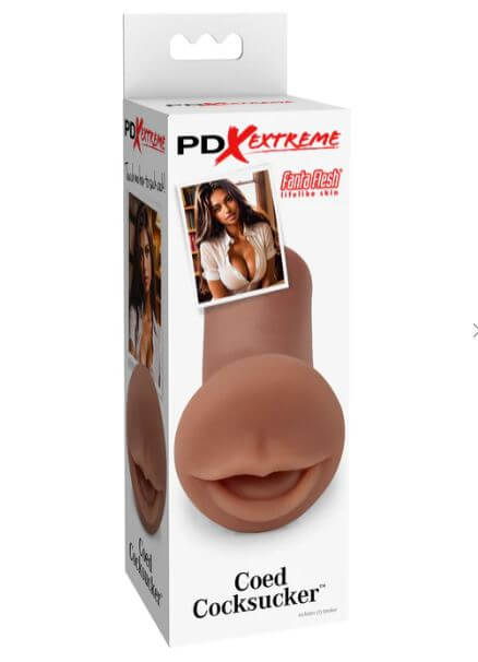 PDX Extreme Coed Cocksucker Brown in packaging featuring realistic mouth design for enhanced pleasure.