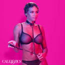 Woman wearing Euphoria Chain Halter Collar & Leash - Premium Multi-Chain Harness from CalExotics in a bold, vibrant setting.