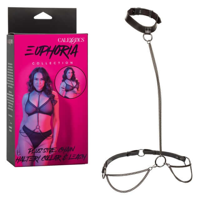 Euphoria Plus Size Chain Halter Collar & Leash packaging and premium multi-chain harness with collar and leash attachment