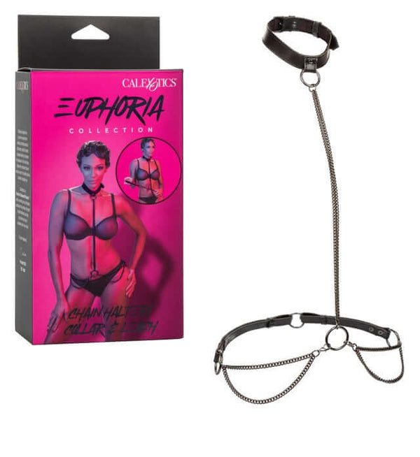 Euphoria Collection Chain Halter Collar & Leash - Premium Multi-Chain Harness in packaging and displayed separately.
