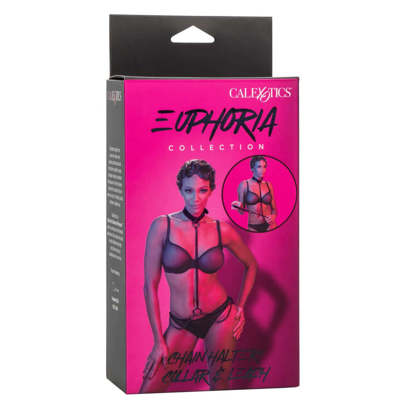 Euphoria Chain Halter Collar & Leash packaging showcasing premium multi-chain harness on model.