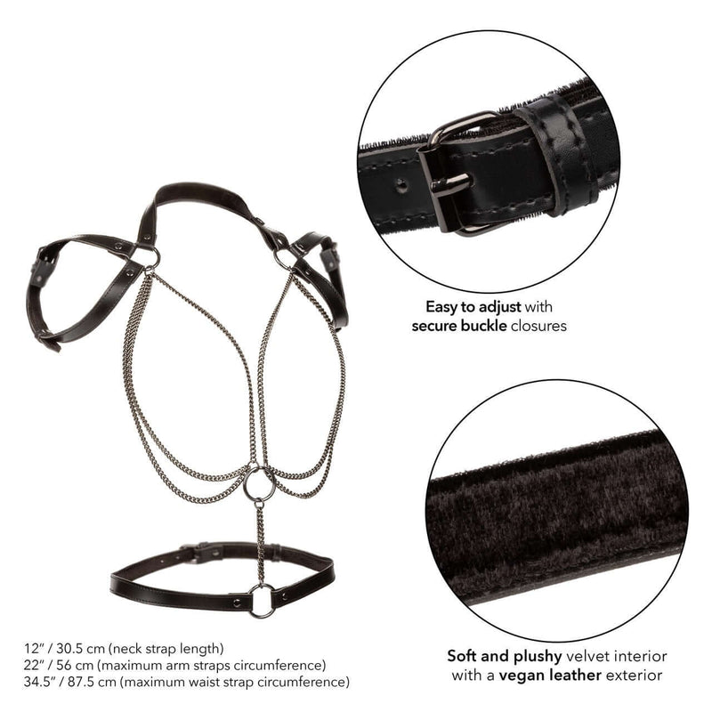 Euphoria Collection Multi Chain Halter with vegan leather and adjustable heavy-duty metal chains, featuring secure buckle closures.