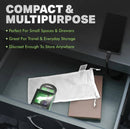 Safe Sex Antibacterial Toy Bag Medium White in a drawer, showcasing its compact and multipurpose design.
