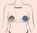 Model wearing Pastease Opalescent Seafoam Blue Seashell Pasties, mermaid-inspired beachwear accessory.