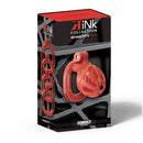 Kink Chastity Convict Cock Cage Extra Small Orange packaging featuring the chastity device and rings in a sleek design.