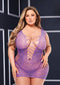 Purple lace mini dress with corset front design and cap sleeves, plus size model showcasing seductive silhouette in sheer fishnet fabric.