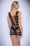 Woman wearing a black corset front lace mini dress with seductive sheer lace and intricate wavy fishnet design from Baci.