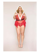 Plus-size model in North Pole Hottie Santa-themed mesh babydoll set with faux-fur trimmed hood and halter neckline by Dreamgirl.
