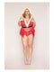 Plus-size model in North Pole Hottie Santa-themed mesh babydoll set with faux-fur trimmed hood and halter neckline by Dreamgirl.
