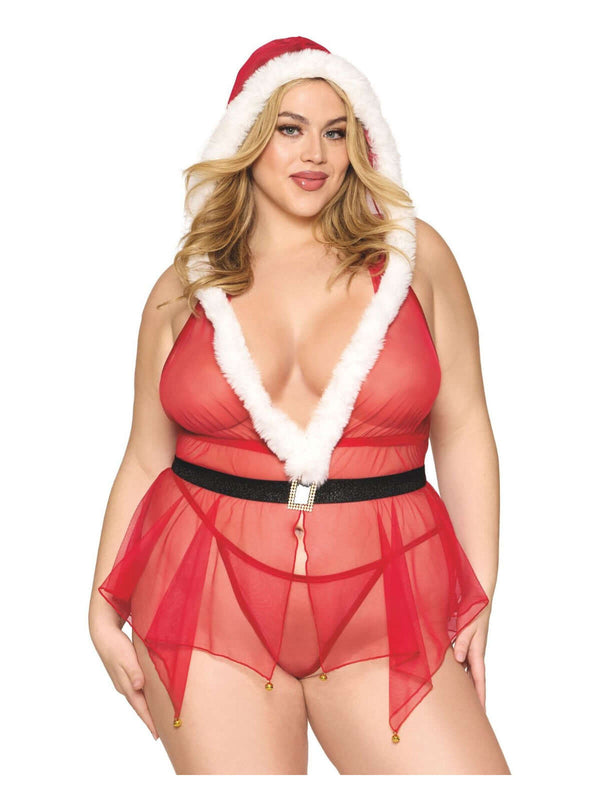 Plus-size model wearing North Pole Hottie Santa-Themed Mesh Babydoll Set with halter neckline and faux-fur trimmed hood - Dreamgirl