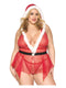 Plus-size model wearing North Pole Hottie Santa-Themed Mesh Babydoll Set with halter neckline and faux-fur trimmed hood - Dreamgirl
