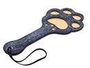 Blue leopard faux leather paddle with paw-shaped cutouts for playful sensation.