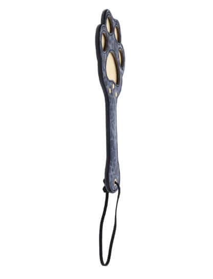 Blue leopard faux leather paddle with paw-shaped cutouts and wrist strap, designed for playful sensations and stylish impact.