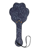 Blue leopard faux leather paddle with paw-shaped cutouts, designed for playful marks and stylish impact during adventurous moments.