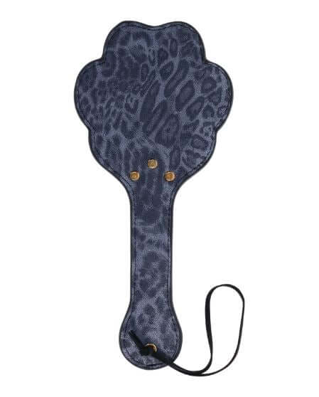 Blue leopard faux leather paddle with paw-shaped cutouts, designed for playful marks and stylish impact during adventurous moments.