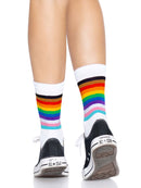 Leg Avenue Pride Crew Socks One Size Rainbow worn with black Converse shoes, showcasing vibrant rainbow stripes.