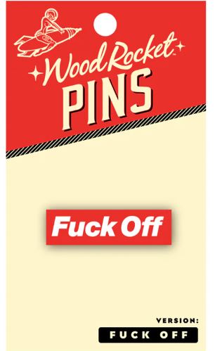 "Fuck Off" enamel pin in red and white packaging by Wood Rocket Pins