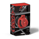Kink Chastity Crimson Cock Cage Extra Small Red packaging featuring the chastity device in red color.