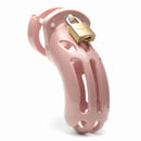 CBX The Curve chastity cock cage kit in pink with padlock, designed for comfort and security for larger anatomy.