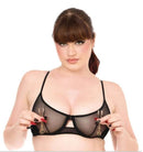 Model showcasing Sex & Mischief Indica Crystal Nipple Clips with a black sheer top.