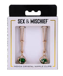 Sex & Mischief Indica Crystal Nipple Clips in an elegant packaging with green crystals.
