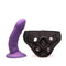 Tantus Curve Dildo in Midnight Purple with adjustable velvet harness for strap-on use, designed for G-spot and P-spot stimulation.