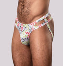 Man wearing colorful geometric-patterned jockstrap with bold side cutouts and supportive front pouch for style and comfort.