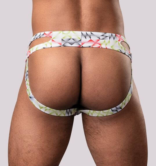 Sleek geometric print men's jock with bold cutouts, back view.