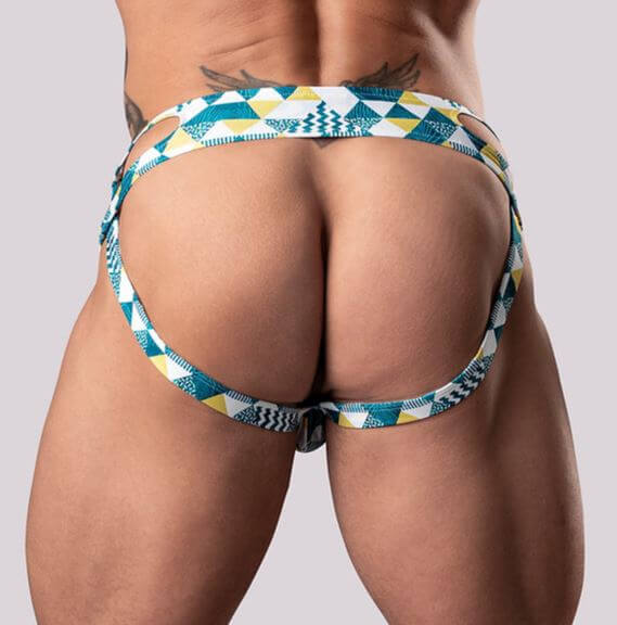 Back view of Cut It Out Moonshine Jock with geometric design, showing stylish laser-cut sides in blue and yellow, size S/M.