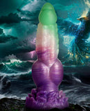 CREATURE COCKS Aqua Phoenix Silicone Dildo with suction cup base, jade green and purple design, inspired by mythical Aqua Phoenix, fantasy background