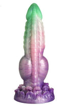 CREATURE COCKS Aqua Phoenix Silicone Dildo with jade green and purple design, suction cup base, and intricate fantasy details