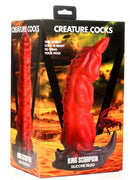 CREATURE COCKS King Scorpion Silicone Dildo packaging with red and black fantasy design and scorpion tail shape on display.