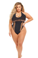 Hot Too Handle Bodysuit Queen Size Black showcasing a sultry design with bold cutouts and curves.