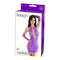 Lacy mini dress and arm warmers in purple displayed on packaging, featuring a model showcasing the outfit.
