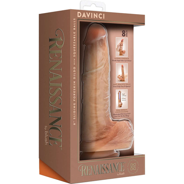 Renaissance DaVinci 8 Inch Sliding Foreskin Dildo in packaging by Blush