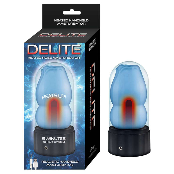 Delite Heated Rose Masturbator Blue in Packaging - Realistic Heated Handheld Stroker