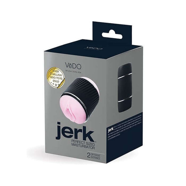 VEDO Jerk Masturbation Sleeve packaging with black case and pink sleeve showcased on box.